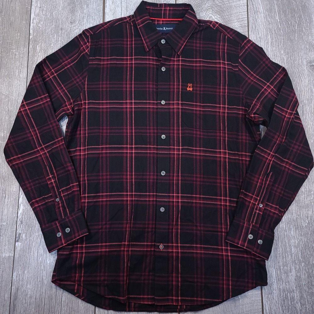 Psycho Bunny Button Shirt Mens Medium Red Black Plaid Pima Cotton Long Sleeve